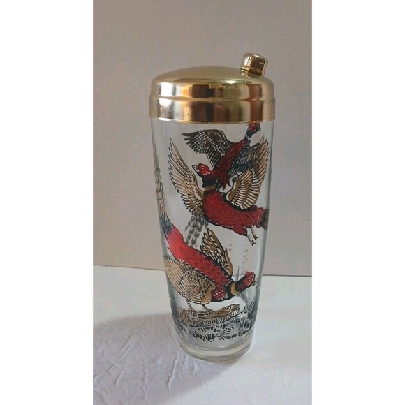 Vintage PHEASANTS HUNTING CLEAR GLASS COCKTAIL SHAKER 1960s Chrome Lid - Picture 1 of 16